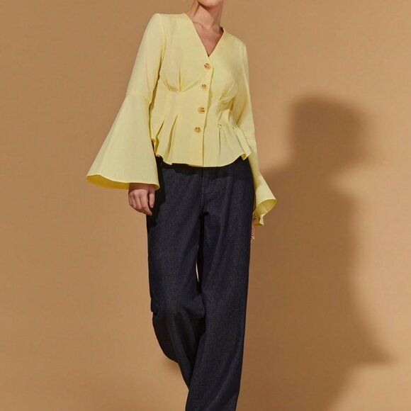 Light Yellow Elegant Women's Deep V-Neck Flare Sleeve Blouse - Picture 5 of 7